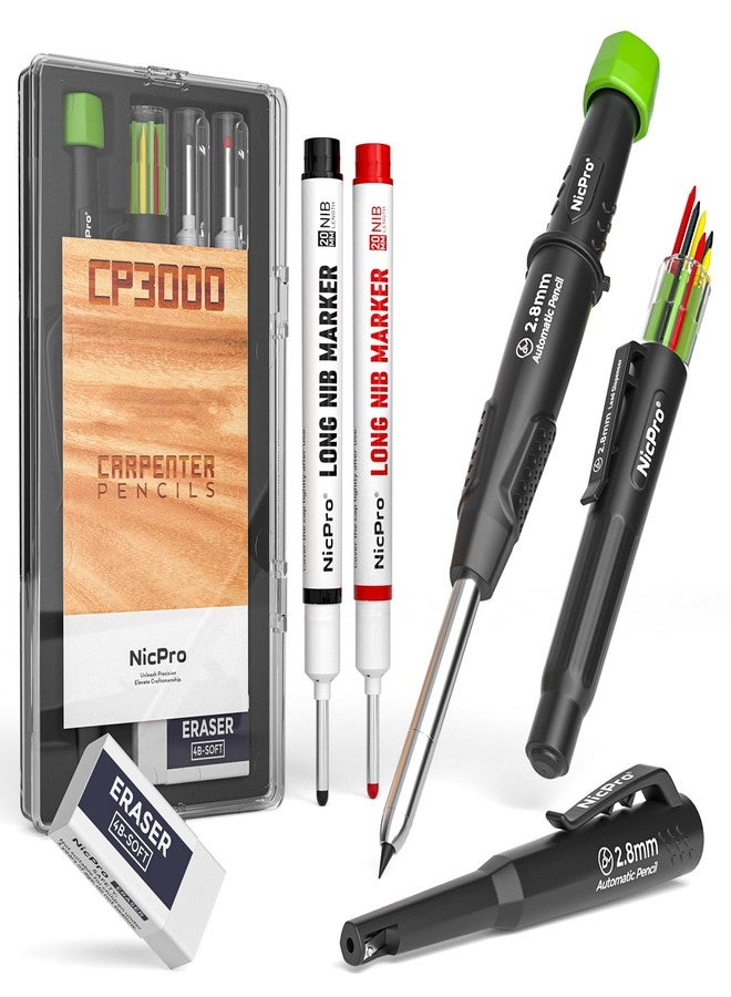 Nicpro Carpenter Pencil with Sharpener, CP3000 Construction Pencils with 6 Refills in a Lead Dispenser, Deep Hole Long Nib Marker Pens for Construction, Heavy Duty Carpenter Tools for Woodworking - Image 1