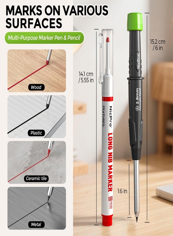 Nicpro Carpenter Pencil with Sharpener, CP3000 Construction Pencils with 6 Refills in a Lead Dispenser, Deep Hole Long Nib Marker Pens for Construction, Heavy Duty Carpenter Tools for Woodworking - Image 2