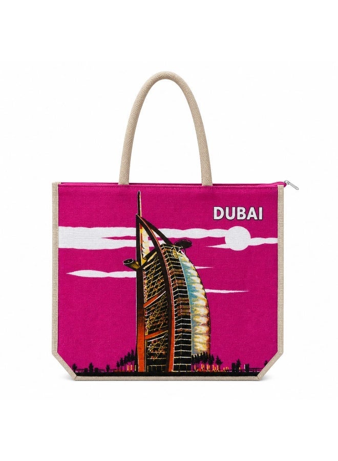 SUNSTAR Dubai Printed Jute Cotton Tote Bag with Zip Closure - Image 1
