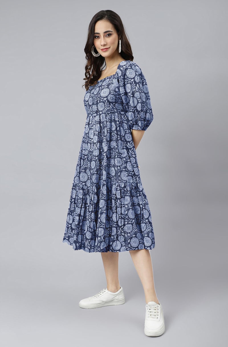 Janasya Women's Blue Pure Cotton Floral Printed Tiered Dress (JAC24DR01515-XL) - Image 4