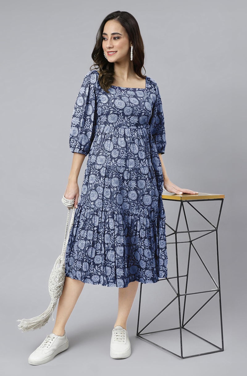 Janasya Women's Blue Pure Cotton Floral Printed Tiered Dress (JAC24DR01515-XL) - Image 3