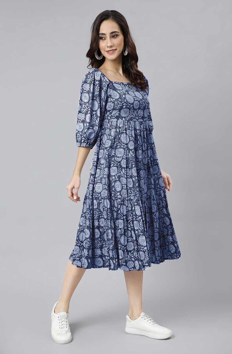 Janasya Women's Blue Pure Cotton Floral Printed Tiered Dress (JAC24DR01515-XL) - Image 5