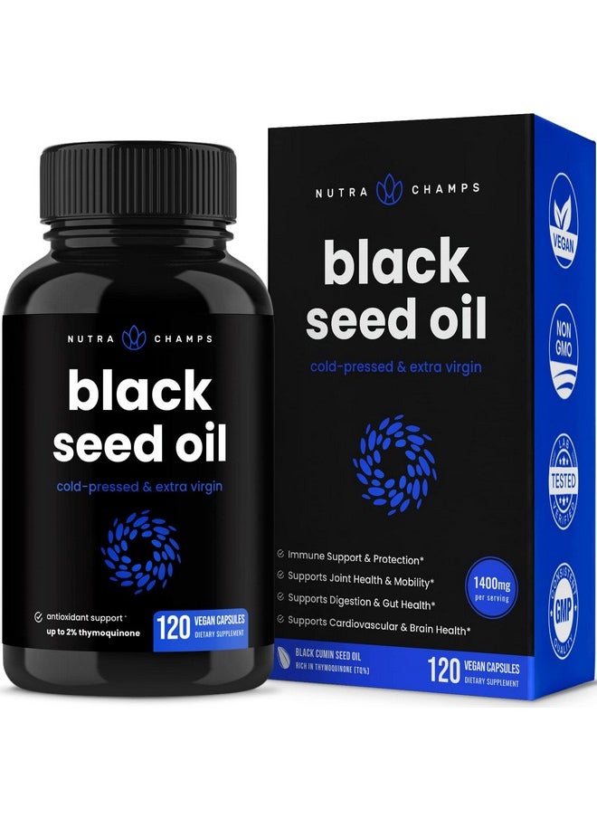NutraChamps Organic Black Seed Oil Capsules ; 120 Vegan Softgel Black Cumin Seed Oil Capsules ; 1400Mg Per Serving Virgin Cold Pressed Nigella Sativa Oil Pills With Thymoquinone & Vitamin E Rich In Omega 3 6 9  - Image 1