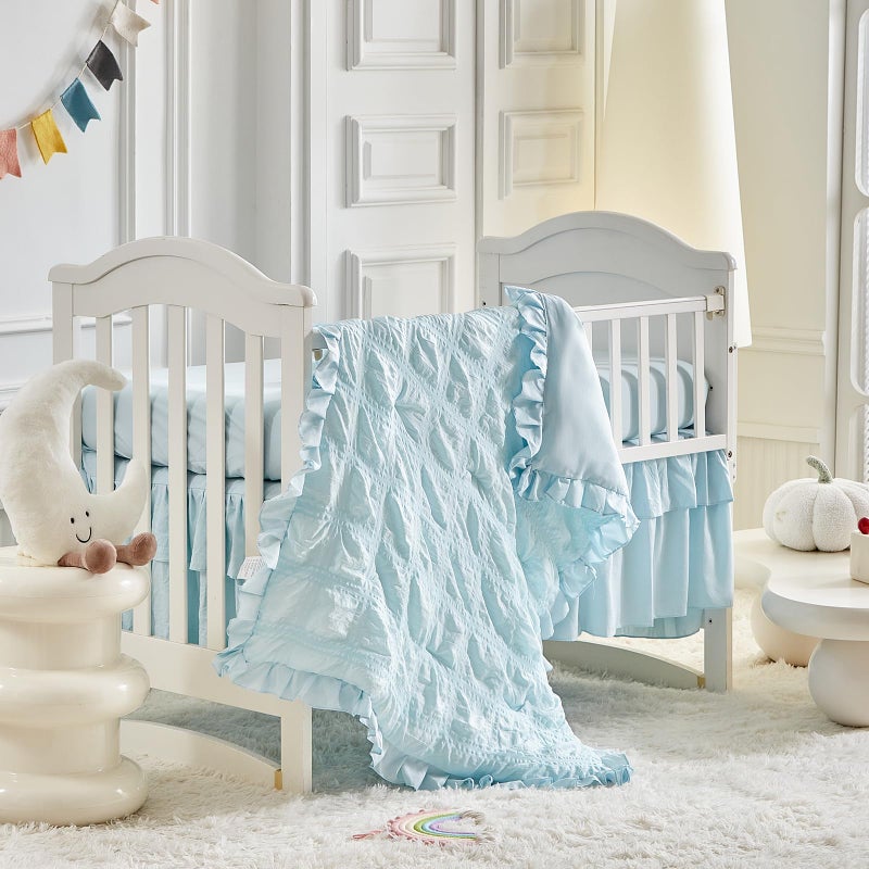 Uozzi Bedding Ruffled Crib Bedding Set Baby Boho Quilted Comforter with Fitted Sheet and Bed Skirt - Cute Soft Breathable Seersucker Ruffled Shabby Chic Bedding Soft Blanket Design - Pink - Image 1