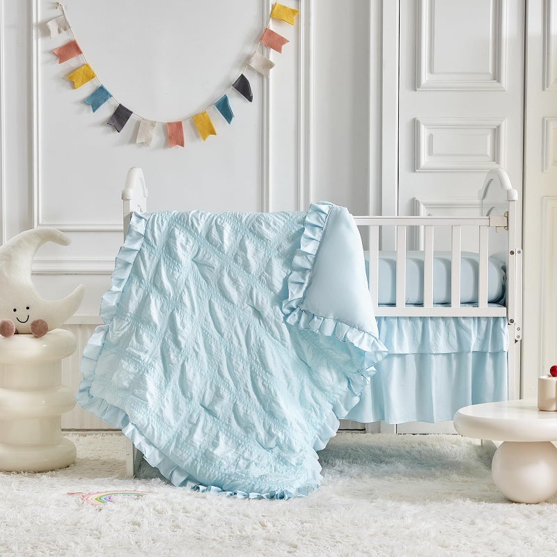Uozzi Bedding Ruffled Crib Bedding Set Baby Boho Quilted Comforter with Fitted Sheet and Bed Skirt - Cute Soft Breathable Seersucker Ruffled Shabby Chic Bedding Soft Blanket Design - Pink - Image 3