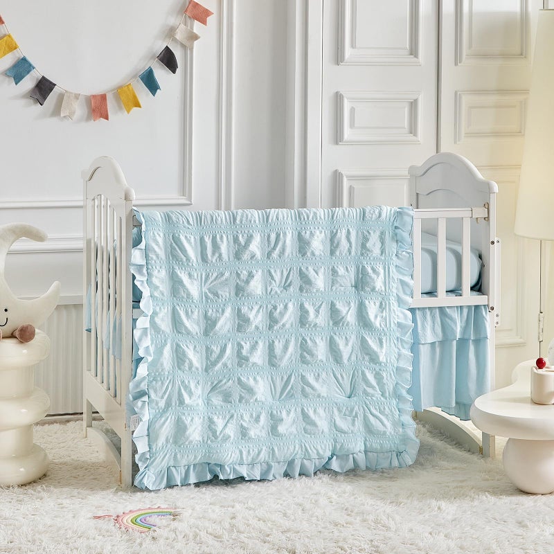 Uozzi Bedding Ruffled Crib Bedding Set Baby Boho Quilted Comforter with Fitted Sheet and Bed Skirt - Cute Soft Breathable Seersucker Ruffled Shabby Chic Bedding Soft Blanket Design - Pink - Image 5