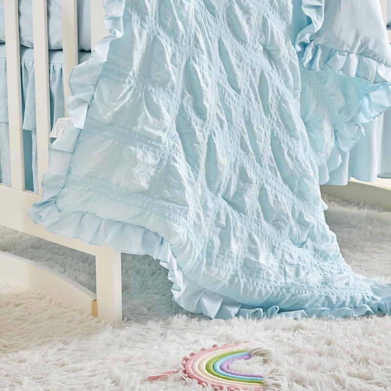 Uozzi Bedding Ruffled Crib Bedding Set Baby Boho Quilted Comforter with Fitted Sheet and Bed Skirt - Cute Soft Breathable Seersucker Ruffled Shabby Chic Bedding Soft Blanket Design - Pink - Image 4