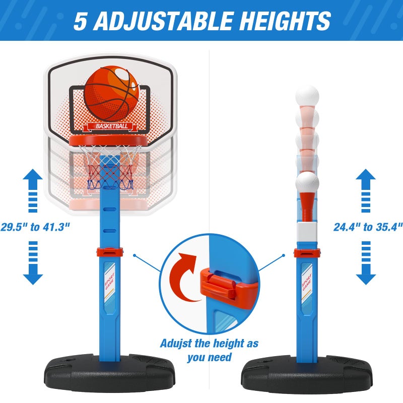 HYES 2 in 1 Kids Basketball Hoop and T Ball Set - Adjustable Height, Kids Baseball Tee with Automatic Pitching Machine, Indoor Outdoor Sport Toys Gifts for Toddler Boys Girls Age 1-5, Blue - Image 3
