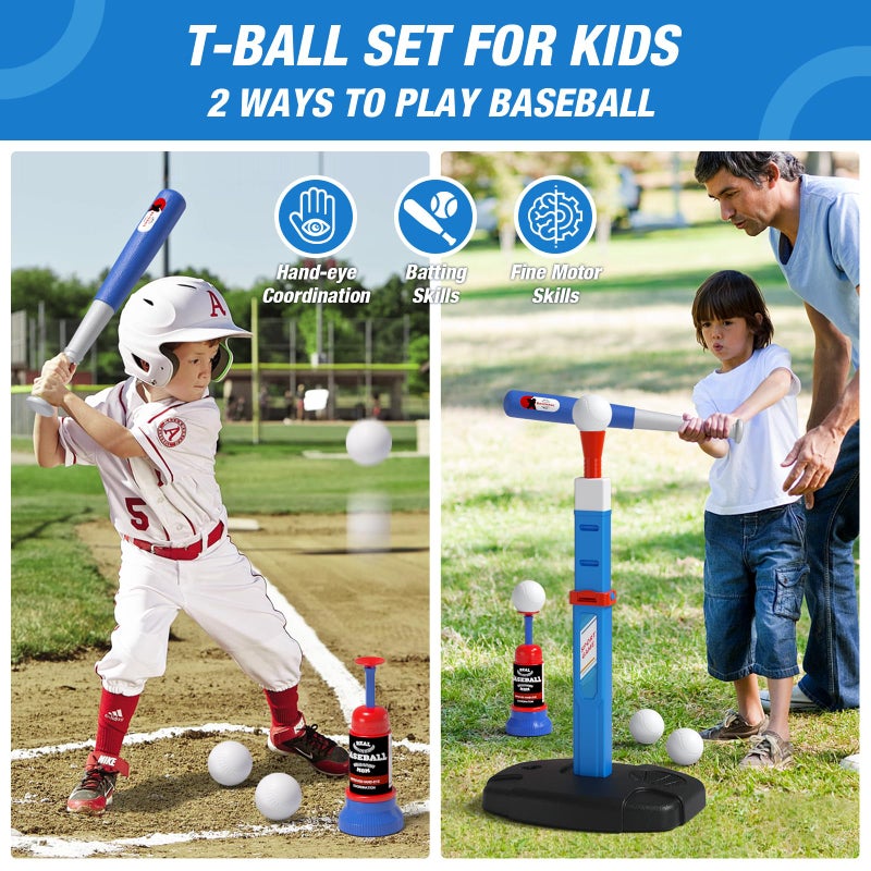 HYES 2 in 1 Kids Basketball Hoop and T Ball Set - Adjustable Height, Kids Baseball Tee with Automatic Pitching Machine, Indoor Outdoor Sport Toys Gifts for Toddler Boys Girls Age 1-5, Blue - Image 4