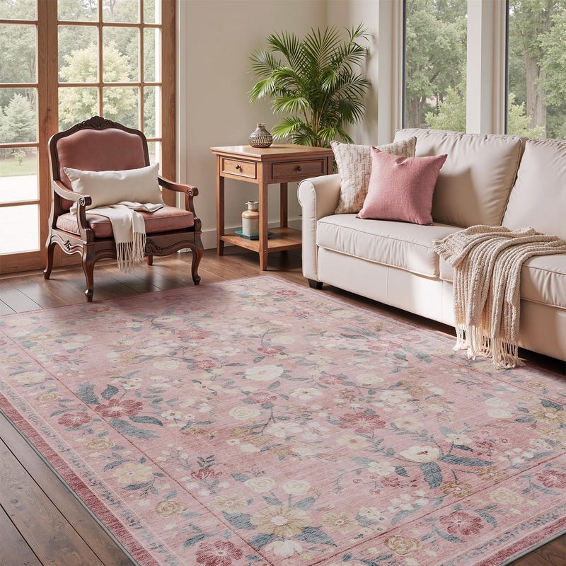 AMOAMI Vintage Floral 5x7 Area Rugs for Living Room Rug, Machine Washable Rug Non Slip Large Area Rug for Bedroom Indoor Low Pile Carpet Ultra Soft Boho Rugs for Dining Room Playroom Office, Pink - Image 1