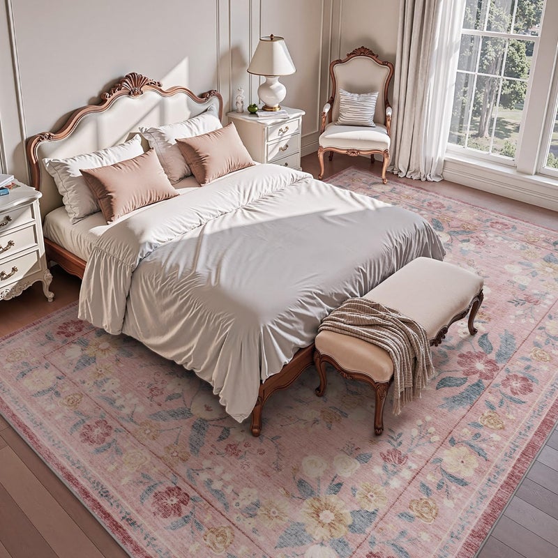 AMOAMI Vintage Floral 5x7 Area Rugs for Living Room Rug, Machine Washable Rug Non Slip Large Area Rug for Bedroom Indoor Low Pile Carpet Ultra Soft Boho Rugs for Dining Room Playroom Office, Pink - Image 4