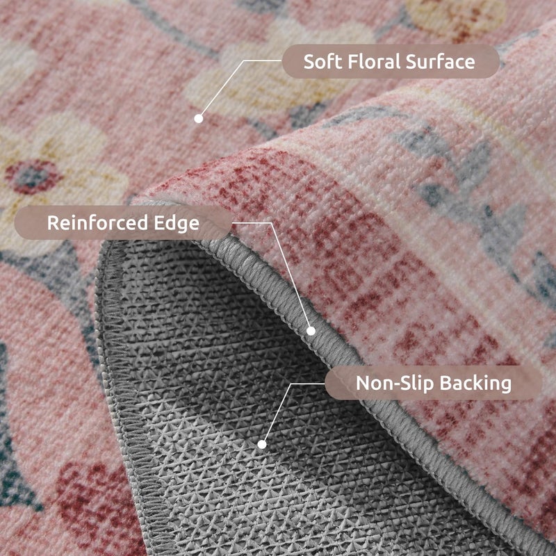 AMOAMI Vintage Floral 5x7 Area Rugs for Living Room Rug, Machine Washable Rug Non Slip Large Area Rug for Bedroom Indoor Low Pile Carpet Ultra Soft Boho Rugs for Dining Room Playroom Office, Pink - Image 3