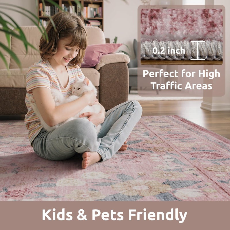 AMOAMI Vintage Floral 5x7 Area Rugs for Living Room Rug, Machine Washable Rug Non Slip Large Area Rug for Bedroom Indoor Low Pile Carpet Ultra Soft Boho Rugs for Dining Room Playroom Office, Pink - Image 2