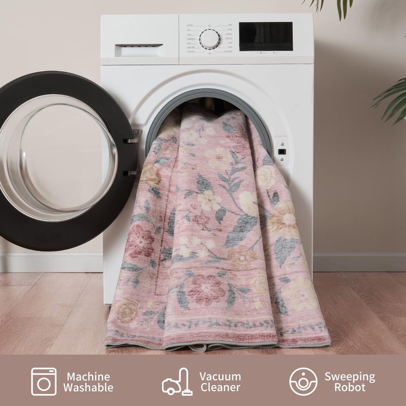 AMOAMI Vintage Floral 5x7 Area Rugs for Living Room Rug, Machine Washable Rug Non Slip Large Area Rug for Bedroom Indoor Low Pile Carpet Ultra Soft Boho Rugs for Dining Room Playroom Office, Pink - Image 5
