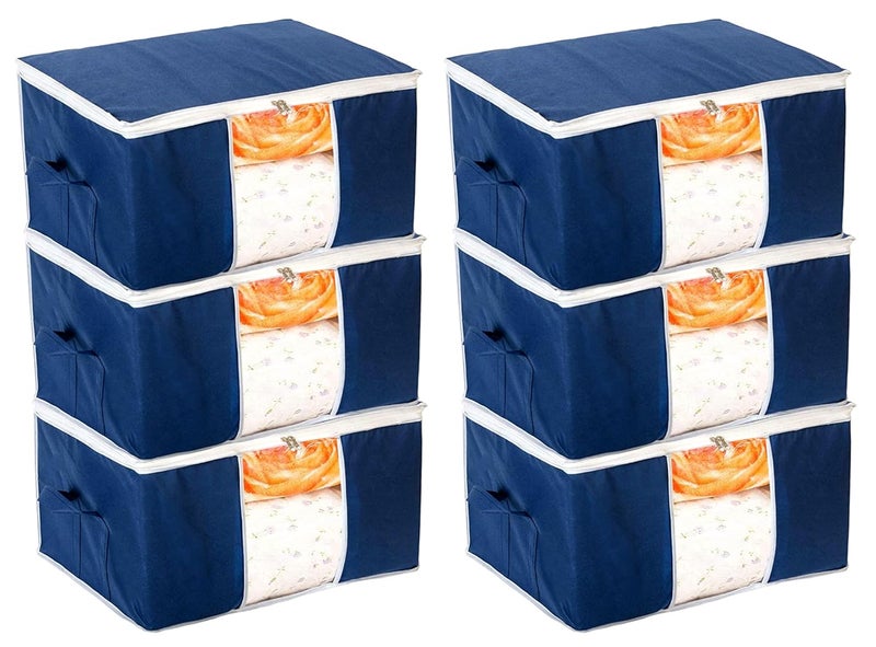 Kuber Industries Underbed Storage BagBlanket CoverWardrobe Organizer For clothesComforter CoverPack of 6 Navy Blue - Image 1