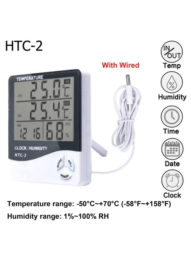 جهاز قياس الحرارة والرطوبة الرقمي الدقيق (HTC-2) - مراقبة درجة الحرارة والرطوبة للاستخدام الداخلي والخارجي مع ساعة، مناسب للمنزل والصوبات الزجاجية وتراريوم الزواحف - Image 2