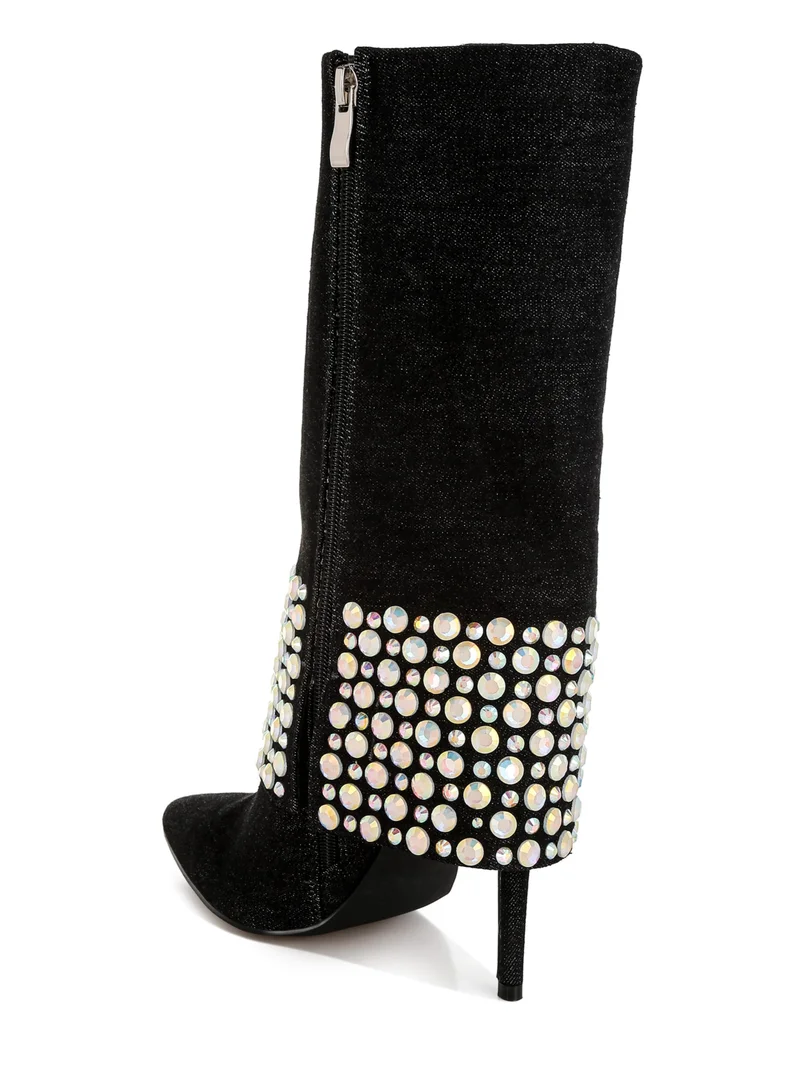 London Rag Diamante & Rhinestones Denim Boots in Black