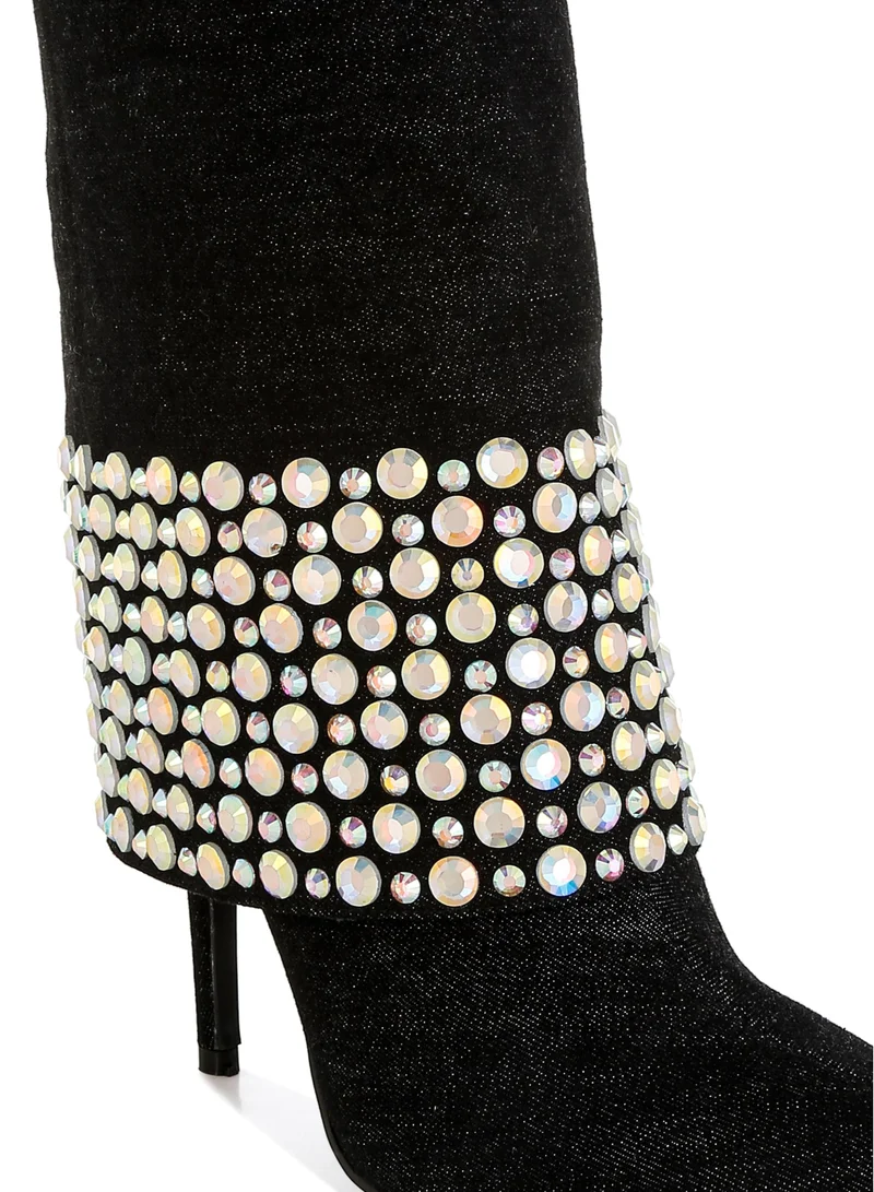 London Rag Diamante & Rhinestones Denim Boots in Black