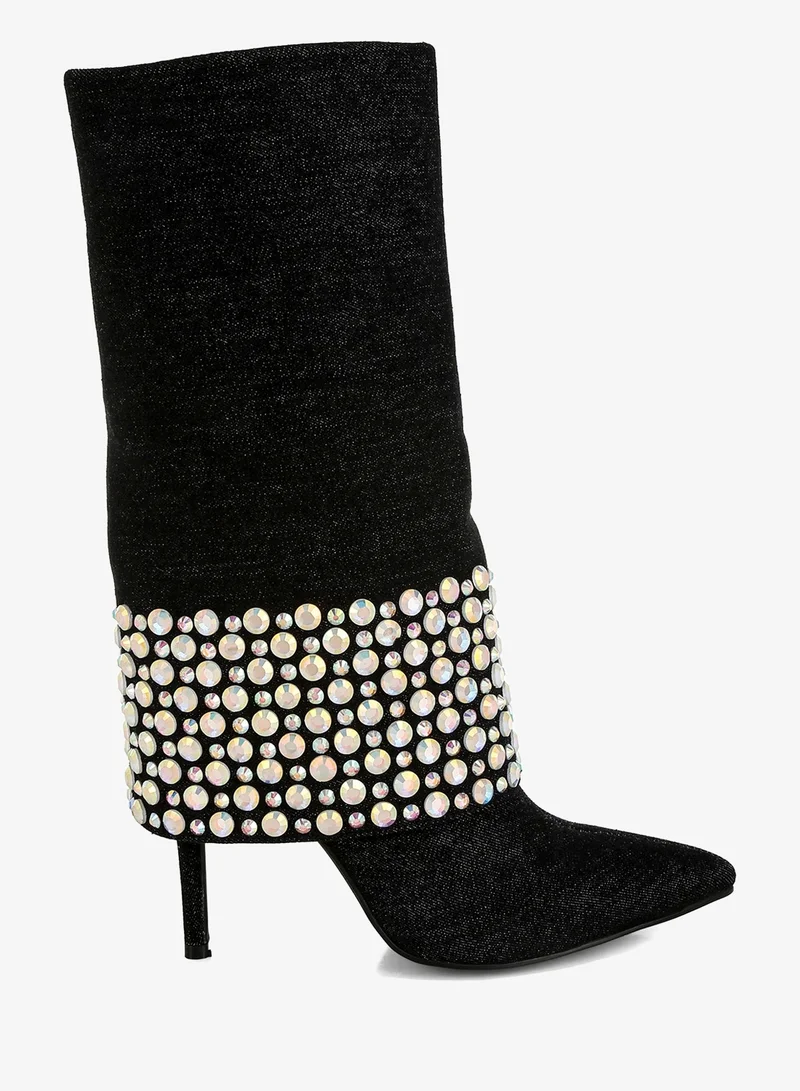 Diamante & Rhinestones Denim Boots in Black