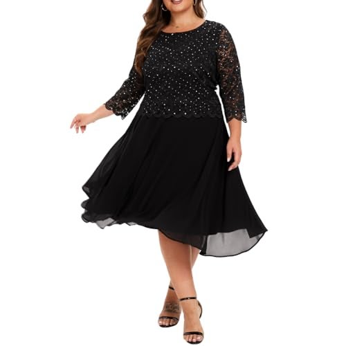 WTJIAPAI Women's Plus Size Tea Length Sequin Lace Dress Mother Gifts Special Occasion Wedding Party Dresses Black - Image 1