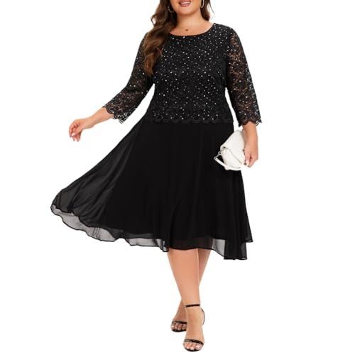 WTJIAPAI Women's Plus Size Tea Length Sequin Lace Dress Mother Gifts Special Occasion Wedding Party Dresses Black - Image 5