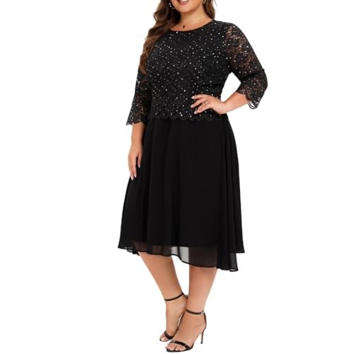 WTJIAPAI Women's Plus Size Tea Length Sequin Lace Dress Mother Gifts Special Occasion Wedding Party Dresses Black - Image 3