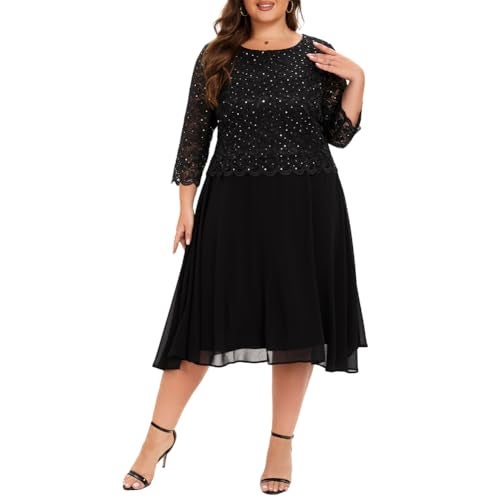 WTJIAPAI Women's Plus Size Tea Length Sequin Lace Dress Mother Gifts Special Occasion Wedding Party Dresses Black - Image 2