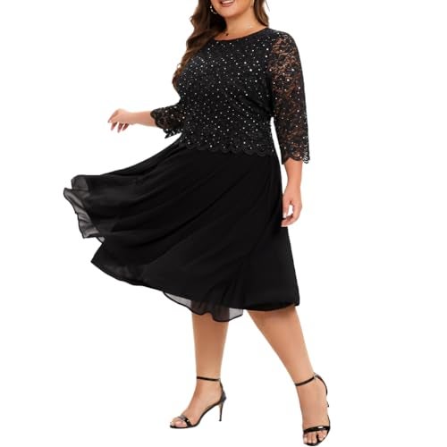 WTJIAPAI Women's Plus Size Tea Length Sequin Lace Dress Mother Gifts Special Occasion Wedding Party Dresses Black - Image 4