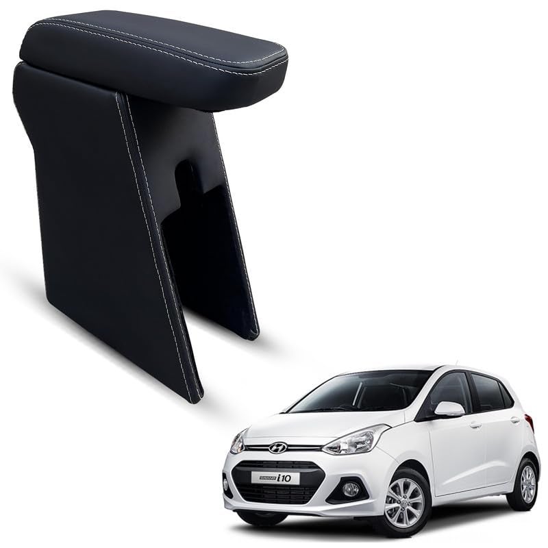 Carigiri Premium Finish Car Armrest with Storage Box And High Density Moulded Foam For Hyundai I10 Grand (Models-2013-2018) (Black With White Double Stitching,Nappa Leatherette) - Image 1