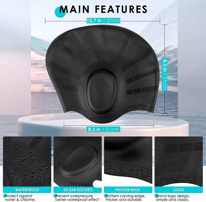TEKCOOL Latest Designed Long Hair Swim Cap,Waterproof Silicone Swimming Cap for Adult Woman and Men,Keeps Hair Clean with Ear Protector Fresh Long Lasting Silicone Made Waterproof Swimming Cap (Black) - Image 3