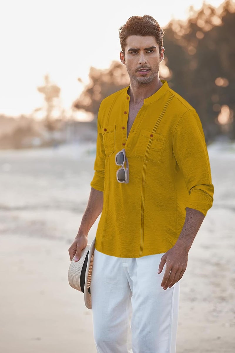 Macsivo Cotton Blend Solid Casual Short Kurta for Men Long Sleeve Mandarin Collar Stylish Shirt Kurta for Men Gold - Image 3