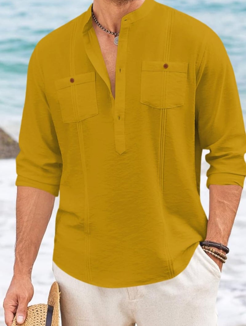 Macsivo Cotton Blend Solid Casual Short Kurta for Men Long Sleeve Mandarin Collar Stylish Shirt Kurta for Men Gold - Image 2