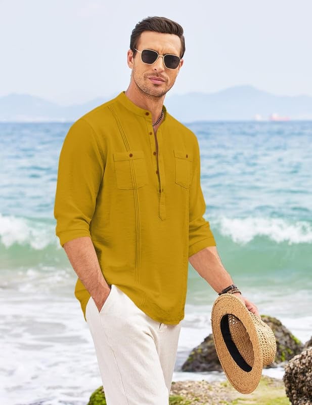 Macsivo Cotton Blend Solid Casual Short Kurta for Men Long Sleeve Mandarin Collar Stylish Shirt Kurta for Men Gold - Image 4