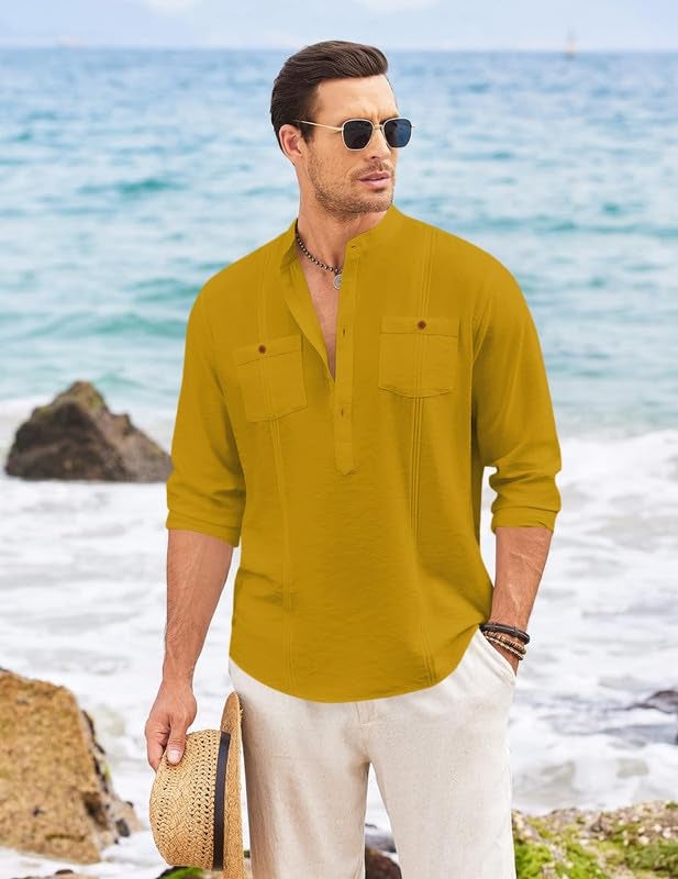 Macsivo Cotton Blend Solid Casual Short Kurta for Men Long Sleeve Mandarin Collar Stylish Shirt Kurta for Men Gold - Image 5