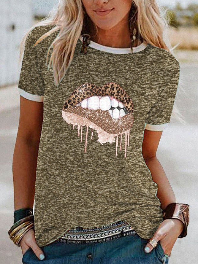 wish leopard print lip print short sleeve t-shirt for women - Image 3