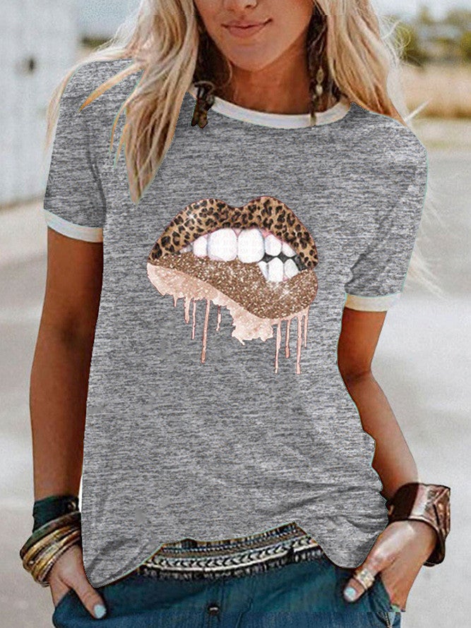 wish leopard print lip print short sleeve t-shirt for women - Image 1