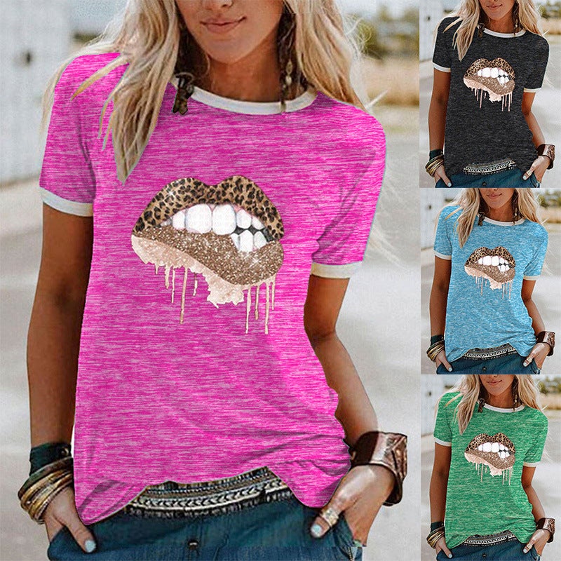 wish leopard print lip print short sleeve t-shirt for women - Image 2