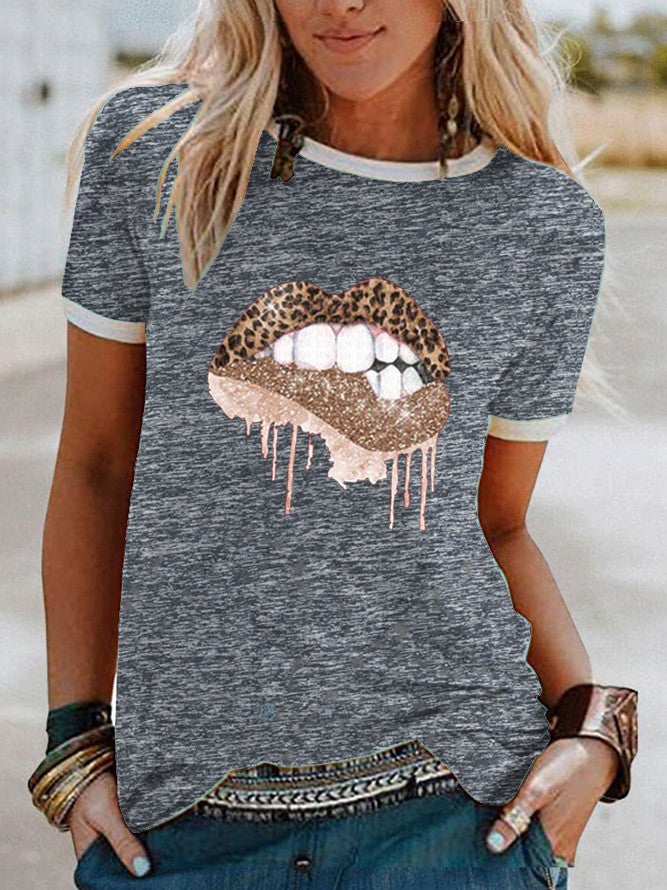 wish leopard print lip print short sleeve t-shirt for women - Image 5
