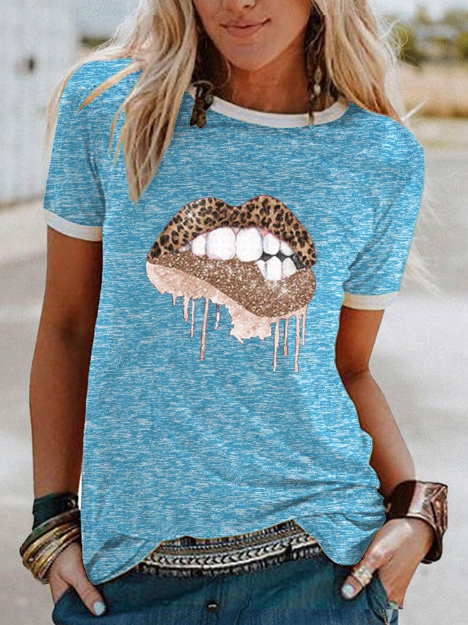 wish leopard print lip print short sleeve t-shirt for women - Image 4