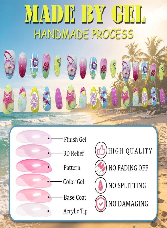 Hrnsnails Beach Summer Press On Nails Almond Medium Fake Nails with 3D Starfish Pearl Ocean Design, Lemon Butterfly Heart Acrylic Stick On False Nails for Women 30PCS - Image 4