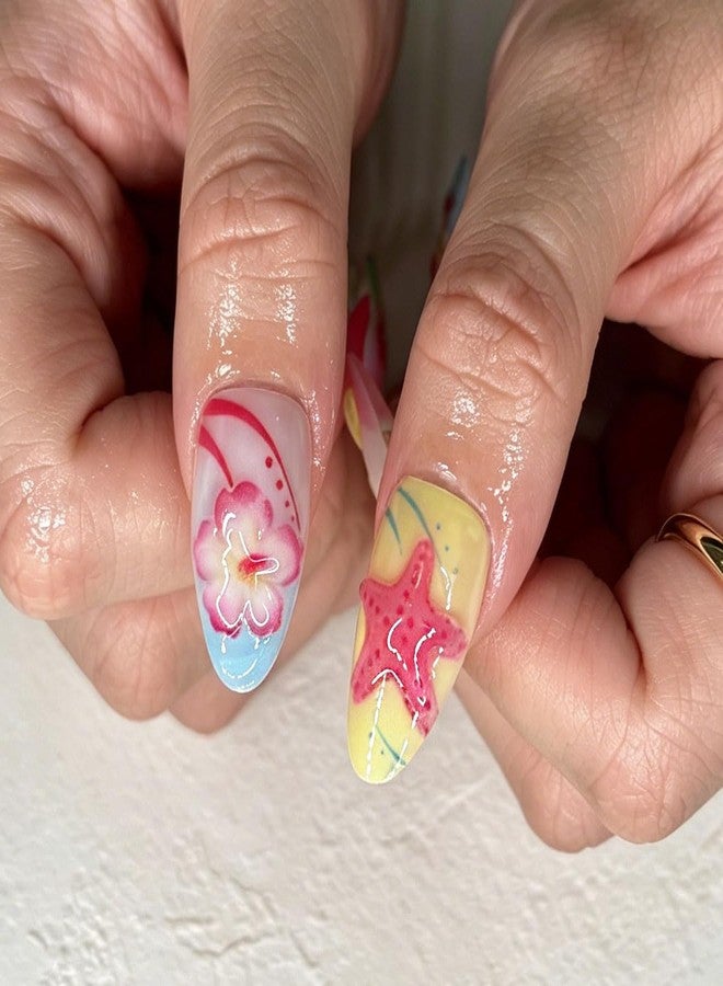 Hrnsnails Beach Summer Press On Nails Almond Medium Fake Nails with 3D Starfish Pearl Ocean Design, Lemon Butterfly Heart Acrylic Stick On False Nails for Women 30PCS - Image 3