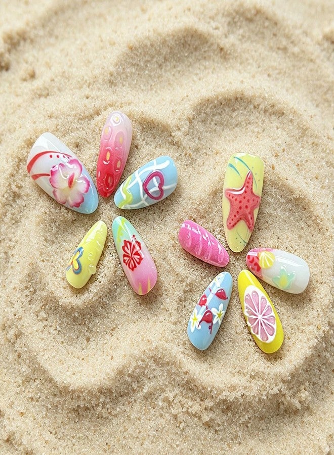 Hrnsnails Beach Summer Press On Nails Almond Medium Fake Nails with 3D Starfish Pearl Ocean Design, Lemon Butterfly Heart Acrylic Stick On False Nails for Women 30PCS - Image 5
