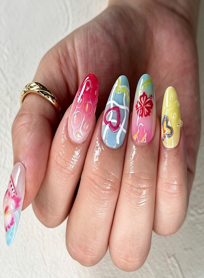Hrnsnails Beach Summer Press On Nails Almond Medium Fake Nails with 3D Starfish Pearl Ocean Design, Lemon Butterfly Heart Acrylic Stick On False Nails for Women 30PCS - Image 1
