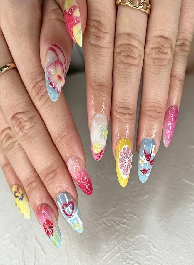 Hrnsnails Beach Summer Press On Nails Almond Medium Fake Nails with 3D Starfish Pearl Ocean Design, Lemon Butterfly Heart Acrylic Stick On False Nails for Women 30PCS - Image 2