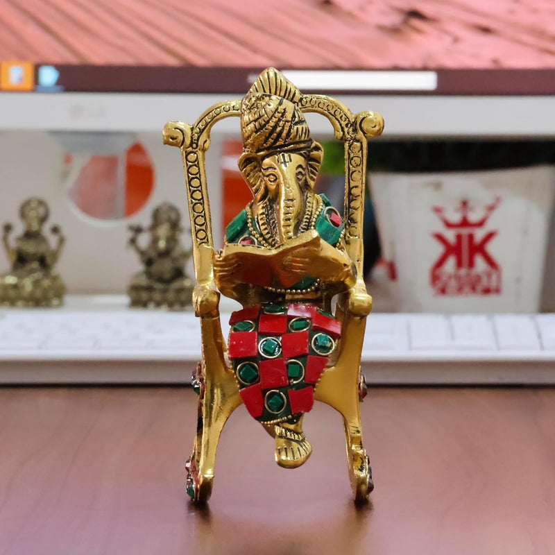 KridayKraft Chair Ganesha ji Reading Book with Stone WorkGanesha Metal StatueGanpati Murti Idol for Pooja HomeOffice Dcor Ganesh Idol Religious Showpiece for Decoration Gifting Article - Image 1