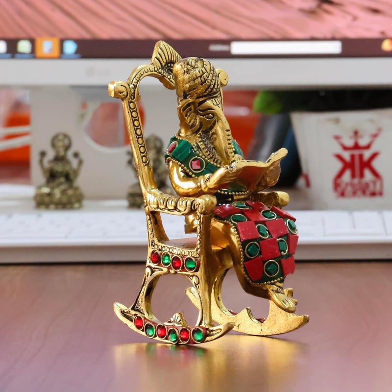KridayKraft Chair Ganesha ji Reading Book with Stone WorkGanesha Metal StatueGanpati Murti Idol for Pooja HomeOffice Dcor Ganesh Idol Religious Showpiece for Decoration Gifting Article - Image 2