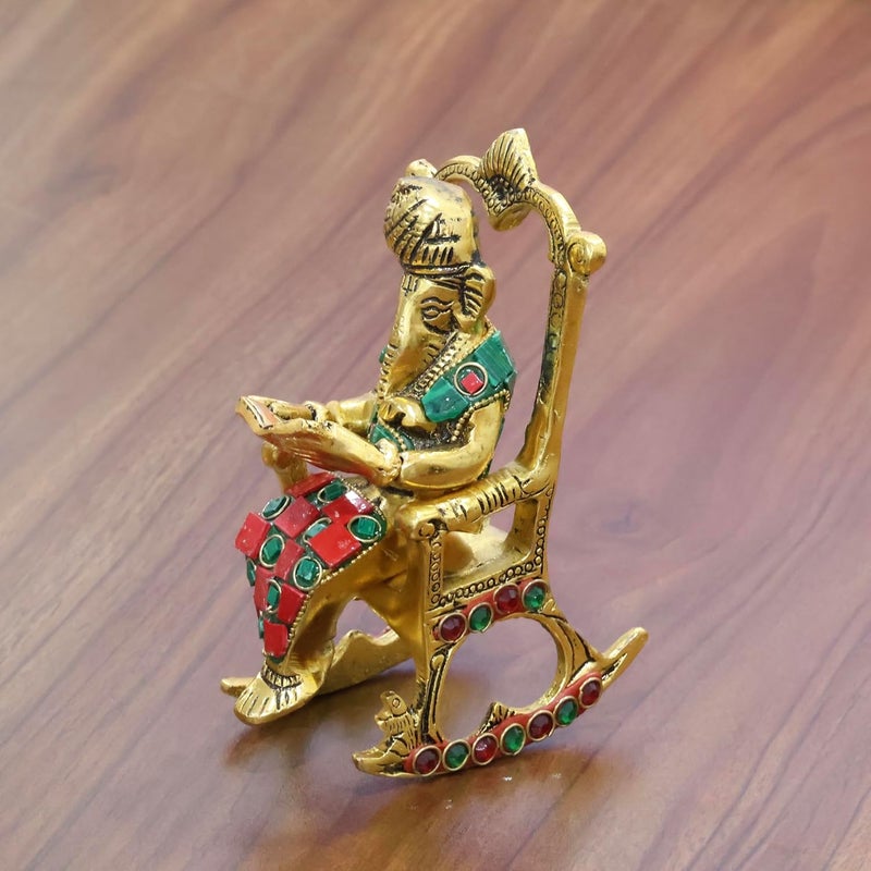 KridayKraft Chair Ganesha ji Reading Book with Stone WorkGanesha Metal StatueGanpati Murti Idol for Pooja HomeOffice Dcor Ganesh Idol Religious Showpiece for Decoration Gifting Article - Image 5