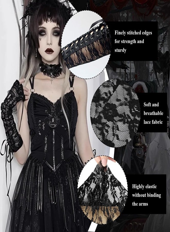 RainFlowwer Long Black Lace Fingerless Gloves for Women, Elbow Length Arm Warmers Lace Sleeves, Cosplay Steampunk Goth Accessories Prom Gloves - Image 2