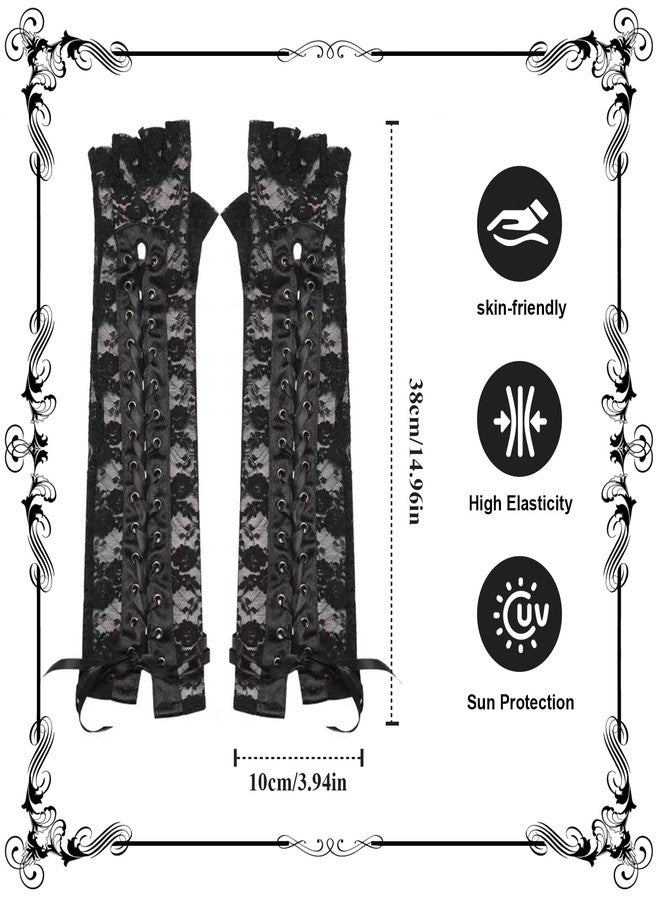 RainFlowwer Long Black Lace Fingerless Gloves for Women, Elbow Length Arm Warmers Lace Sleeves, Cosplay Steampunk Goth Accessories Prom Gloves - Image 5