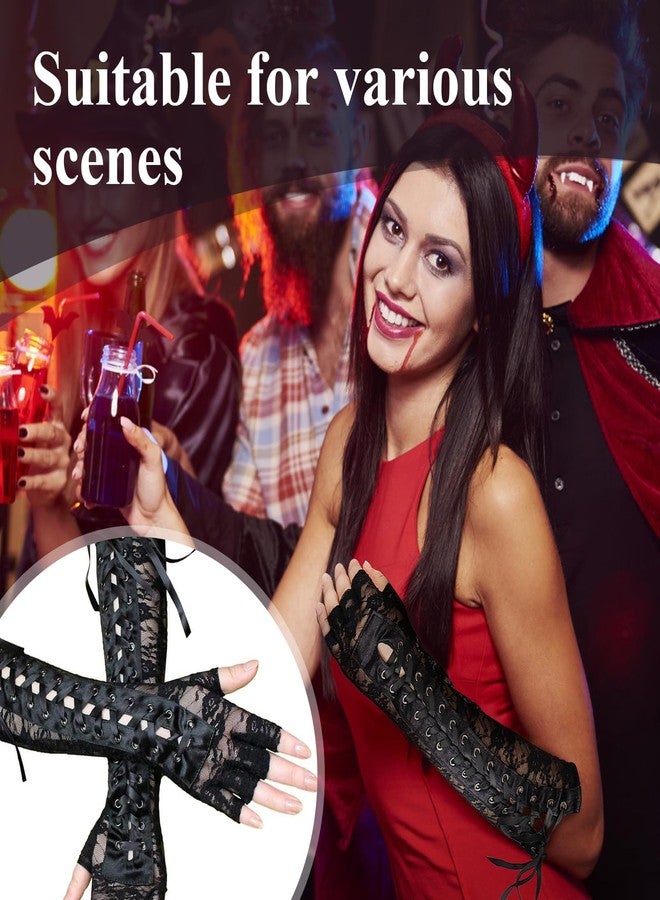 RainFlowwer Long Black Lace Fingerless Gloves for Women, Elbow Length Arm Warmers Lace Sleeves, Cosplay Steampunk Goth Accessories Prom Gloves - Image 4